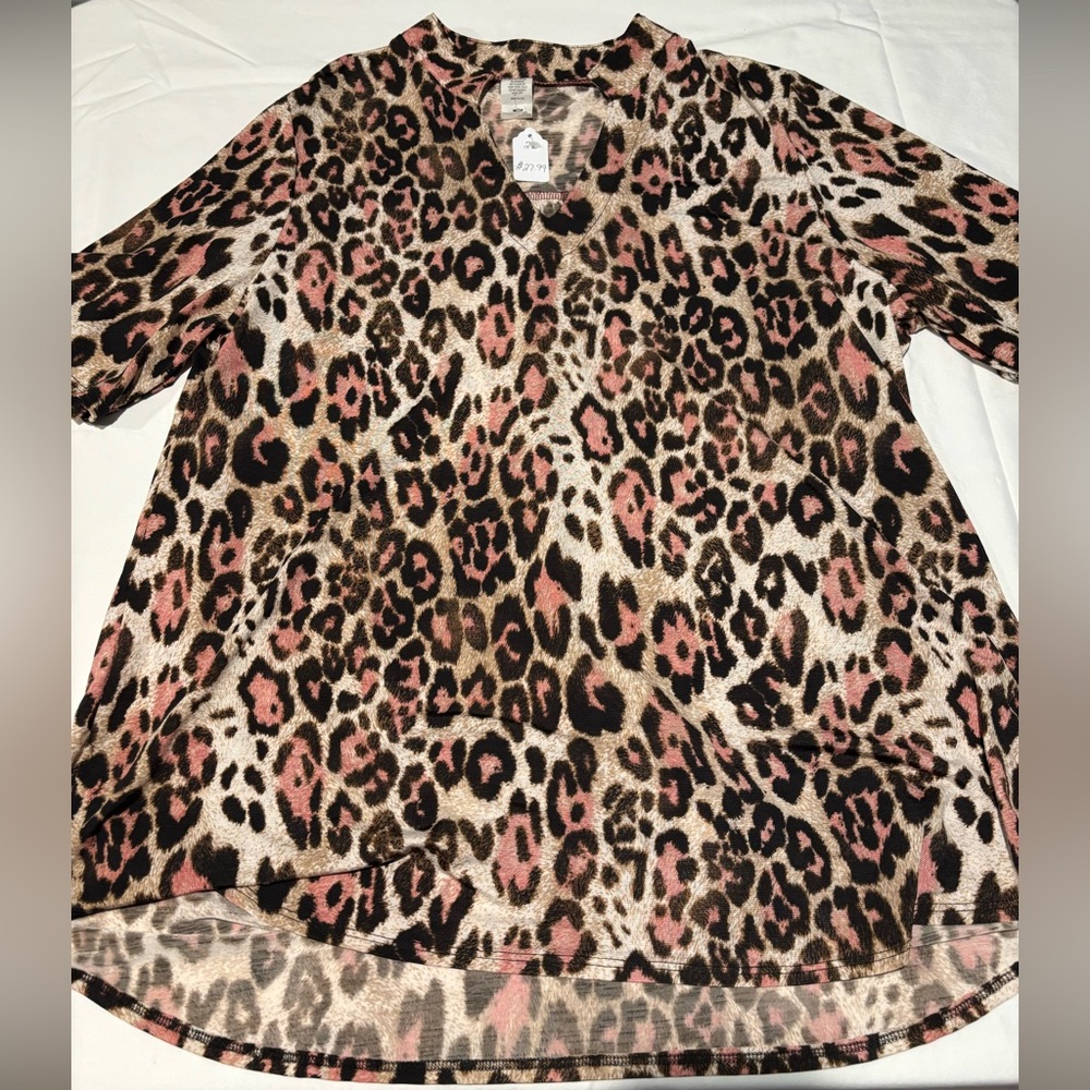 Brown and Black 3/4 Sleeve Boxy Tunic with Mandarin Collar